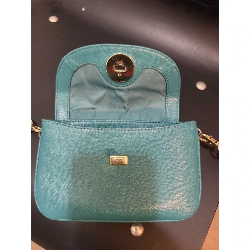 Tory Burch Robinson Turquoise Turn Lock Clutch Crossbody Bag Gold Hardware